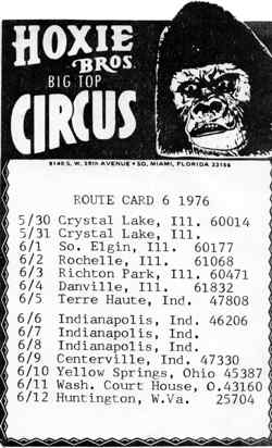 Hoxie Bros Circus Route Card 1976